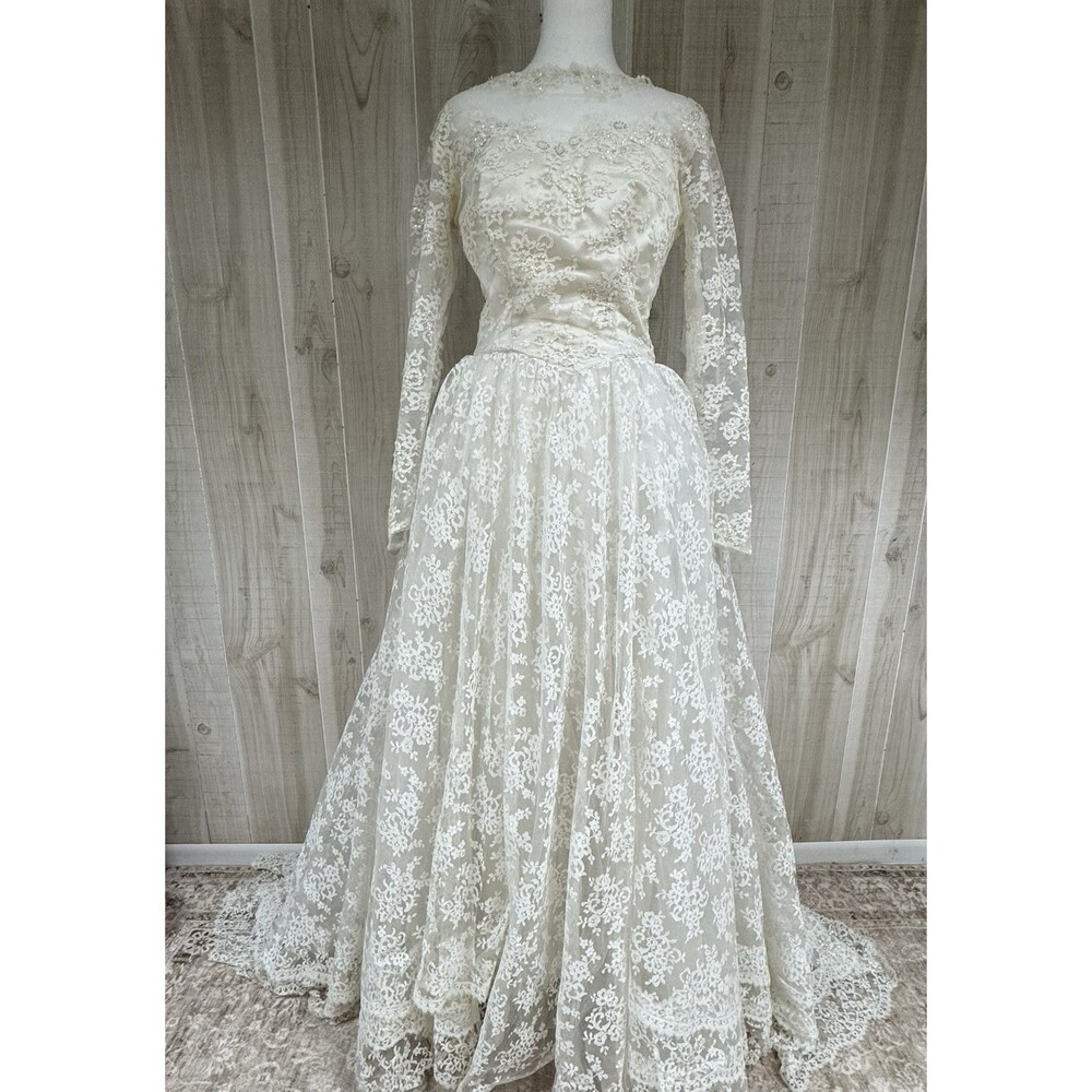 VTG Maurer Original Lace Bridal Gown Romantic Long Sleeve Illusion Train Wedding